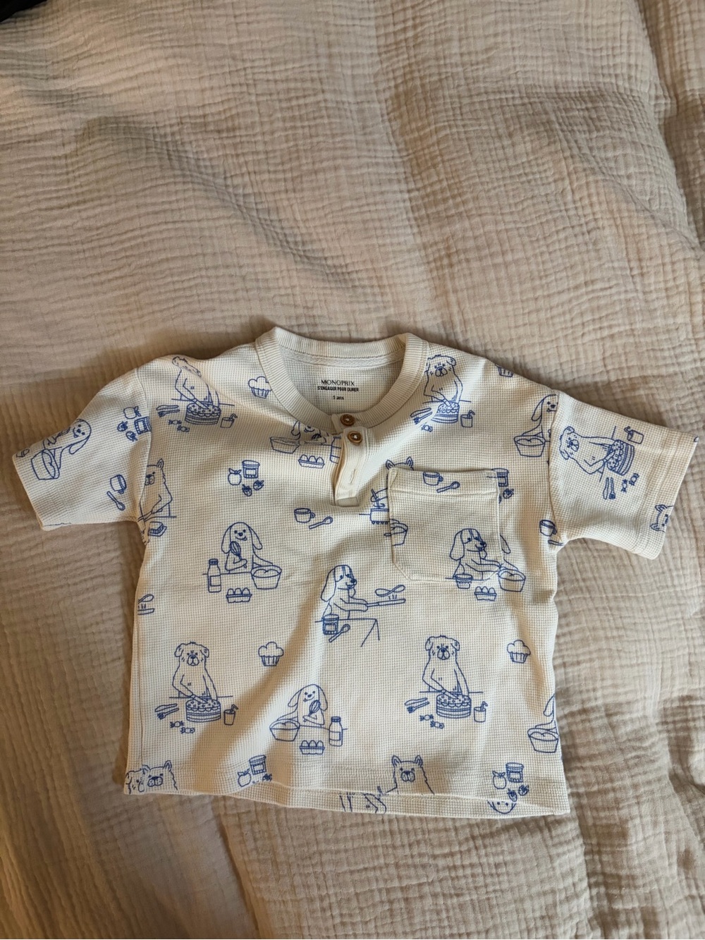 Monoprix Cream Short-Sleeve Henley Tee with Blue Puppy Print